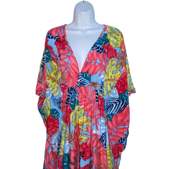 ✨NEW ✨ Boho Maxi Tropical Floral Colorful Caftan Beach Swim Cover Up Dress OS - Picture 5 of 16